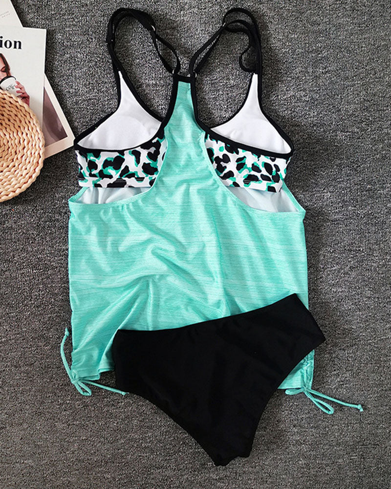 Sara | Solid Tankini with Leopard Print - Aurora Classics