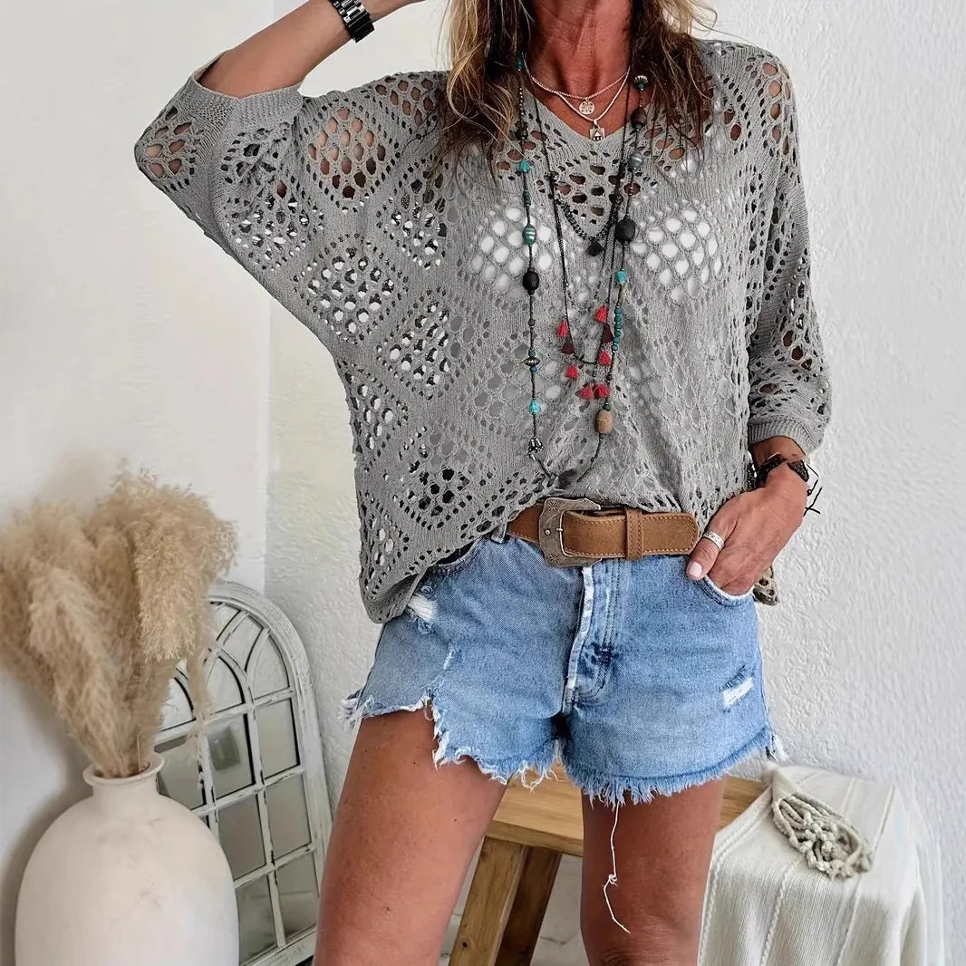 Gia™ | Lightweight V-Neck Open-Knit Sweater