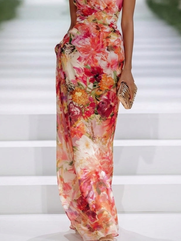 Red Chiffon Floral Halter-neck Sleeveless Maxi Dress