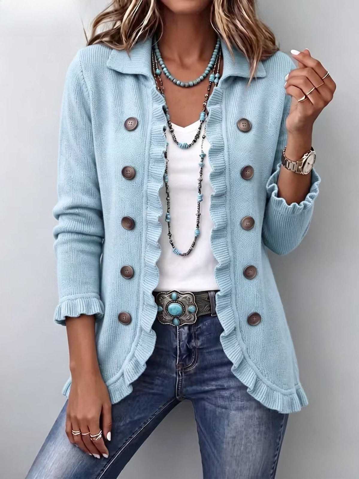 Consolata | Powder Blue Knit Ruffle Jacket
