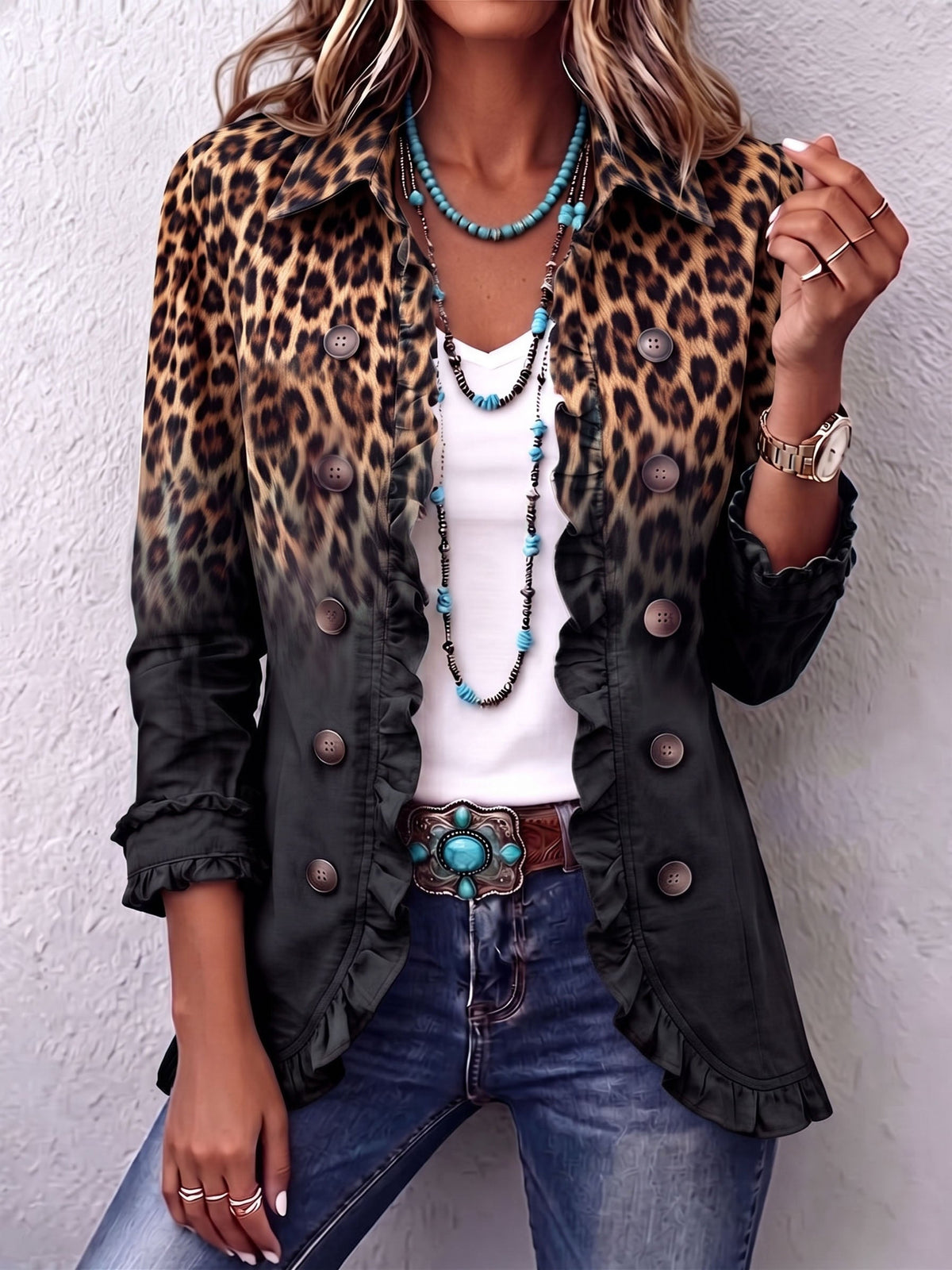 Celestia | Black Leopard Ruffle Accent Blazer