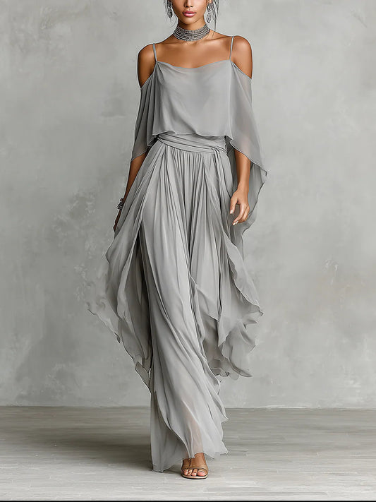Grey off-shoulder flowy camisole and trousers chiffon set