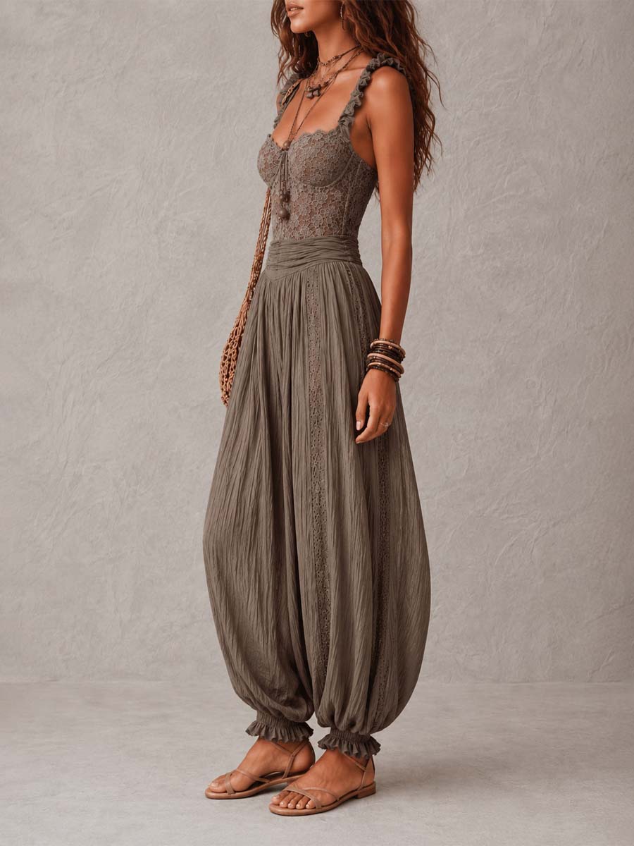 Nieves • Conjunto de bandeau de encaje gris y pantalones harem de algodón plisados