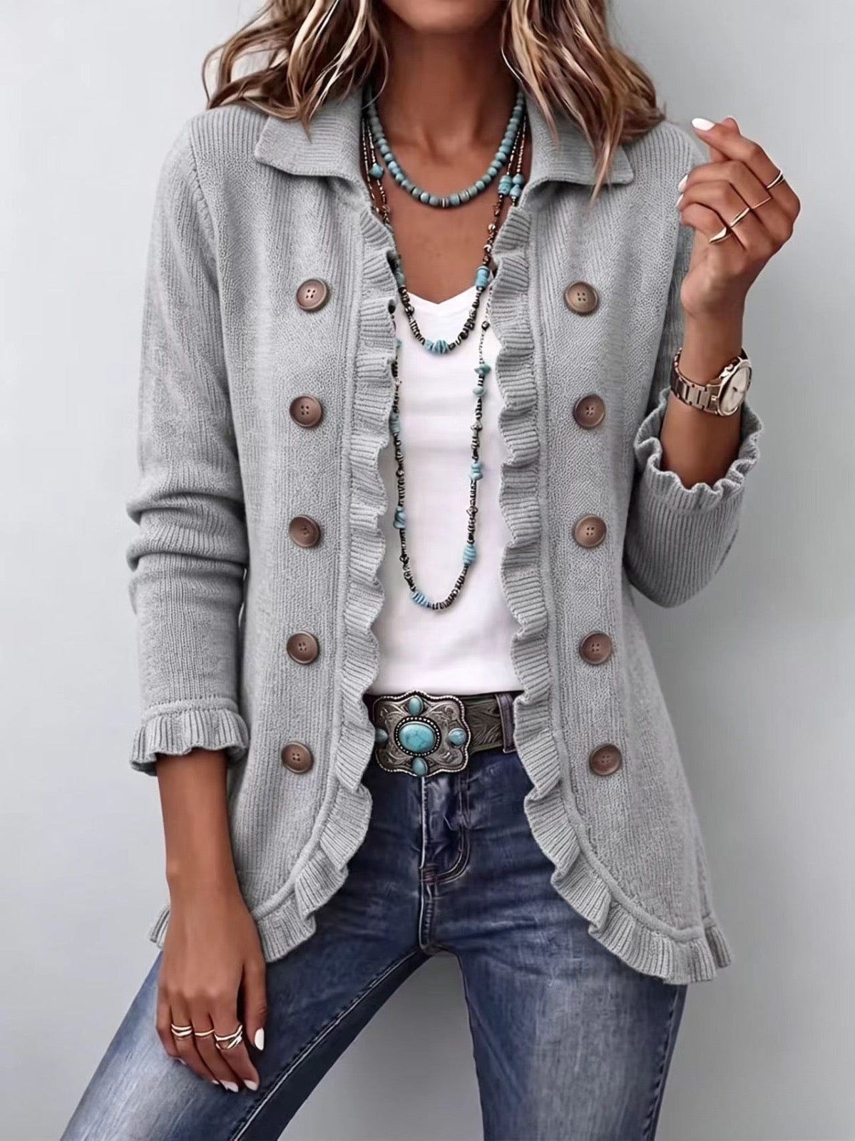 Angelina | The Heather Grey Knit Ruffle Jacket