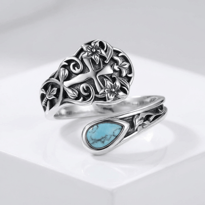 The Grace Ring — Cross with Floral Detail (Adjustable)