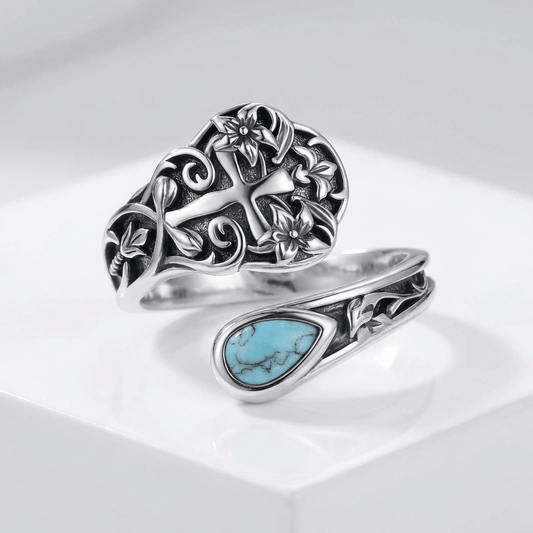The Grace Ring — Cross with Floral Detail (Adjustable)