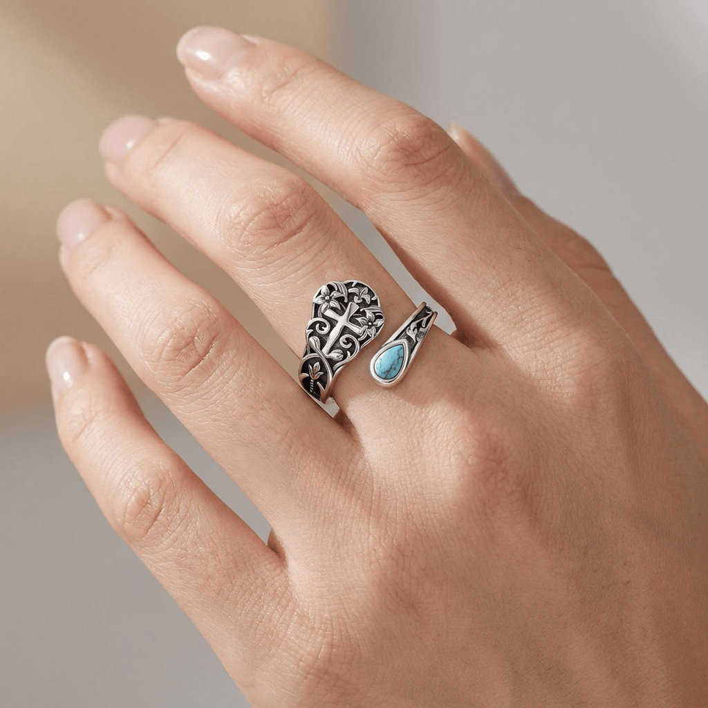 The Grace Ring — Cross with Floral Detail (Adjustable)