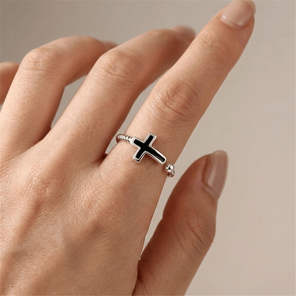 The Onyx Ring — Black Cross Band (Adjustable)
