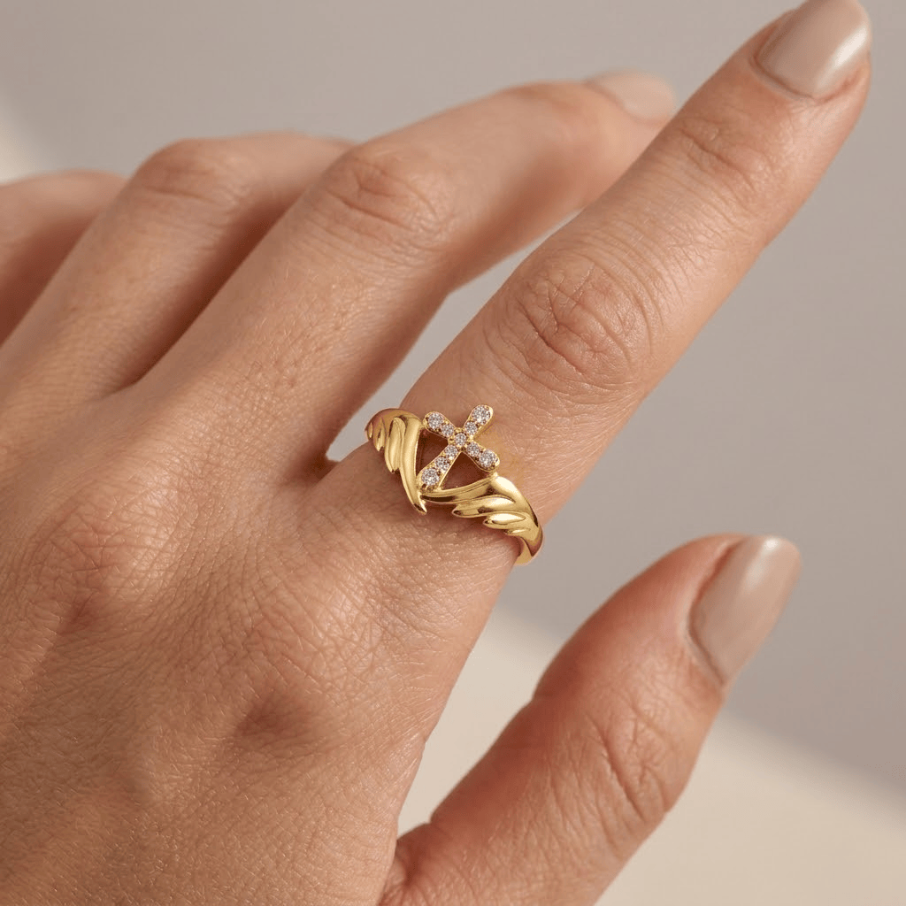 The Guardian Ring — Angel Wings and Cross with Crystal Detail (Adjustable)