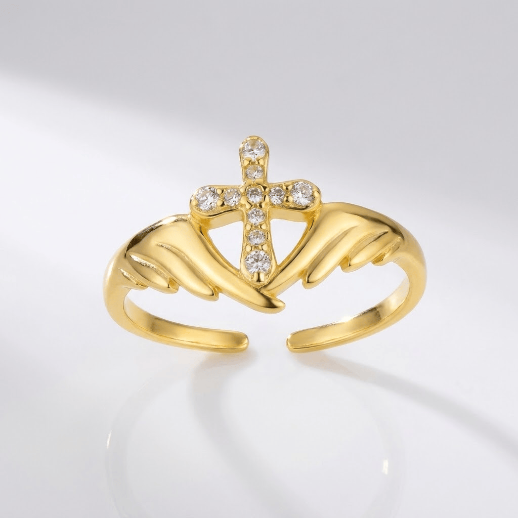 The Guardian Ring — Angel Wings and Cross with Crystal Detail (Adjustable)
