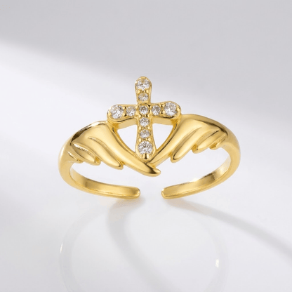 The Guardian Ring — Angel Wings and Cross with Crystal Detail (Adjustable)