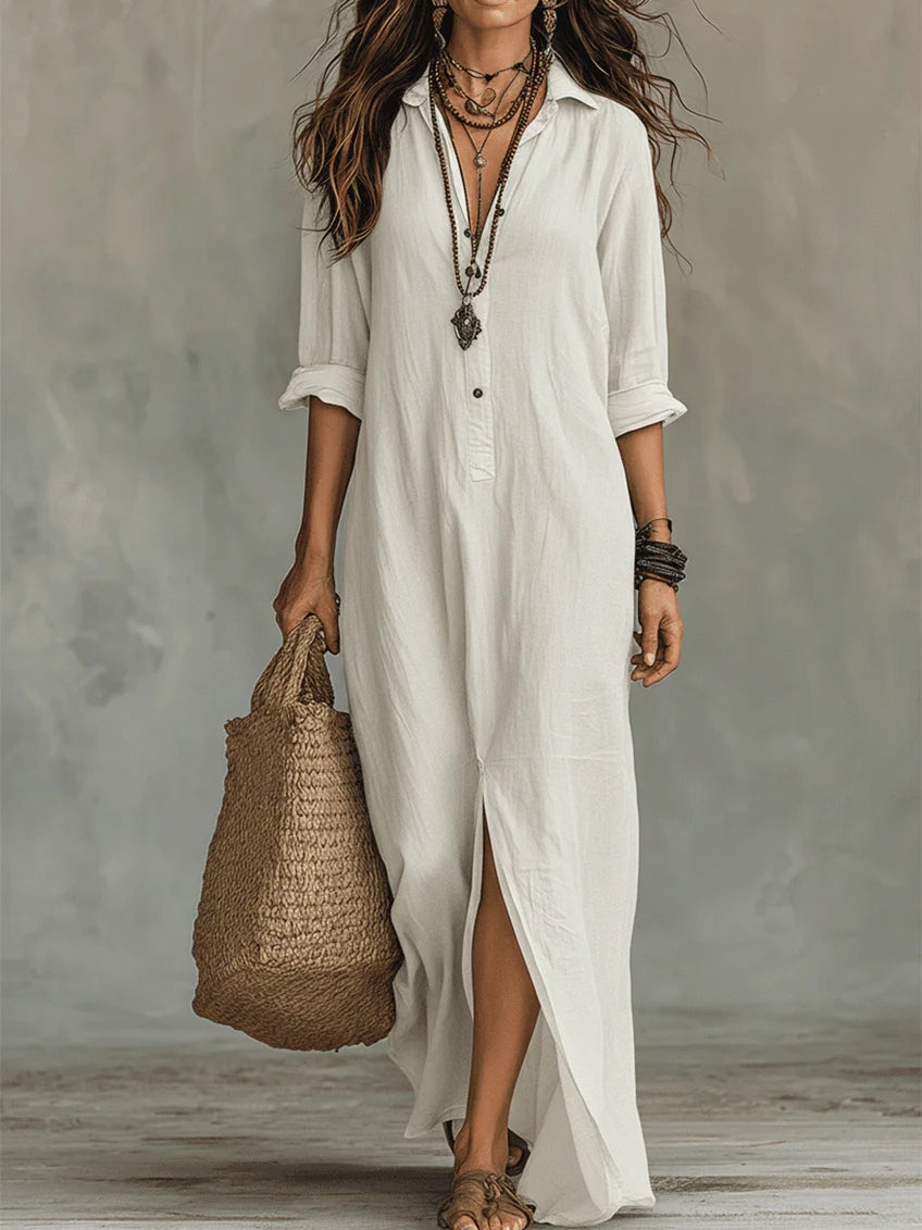 Soline ™ | Black Flowing Button-Down Maxi Dress