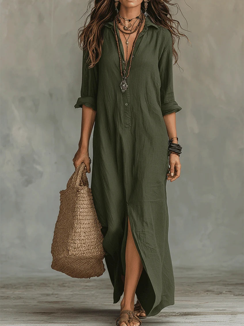 Soline ™ | Black Flowing Button-Down Maxi Dress