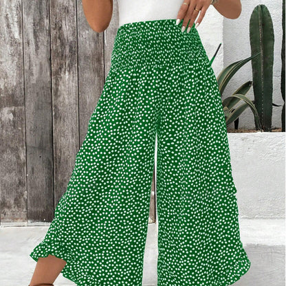Casual printed high-waisted ruffle wide-leg pants