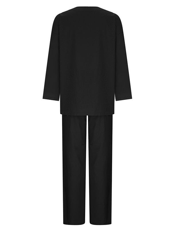 Solid Color Loose Long Sleeve Round Neck Shirt Top + Drawstring Pants Two-Piece Set — Anniversary Edit