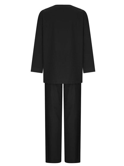 Solid Color Loose Long Sleeve Round Neck Shirt Top + Drawstring Pants Two-Piece Set — Anniversary Edit