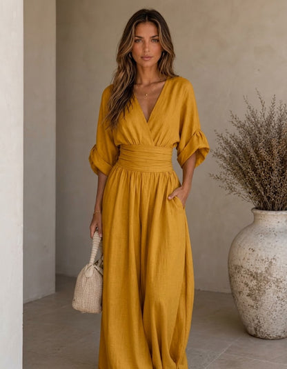 DANIELA - ELEGANT V-NECK WIDE-LEG JUMPSUIT