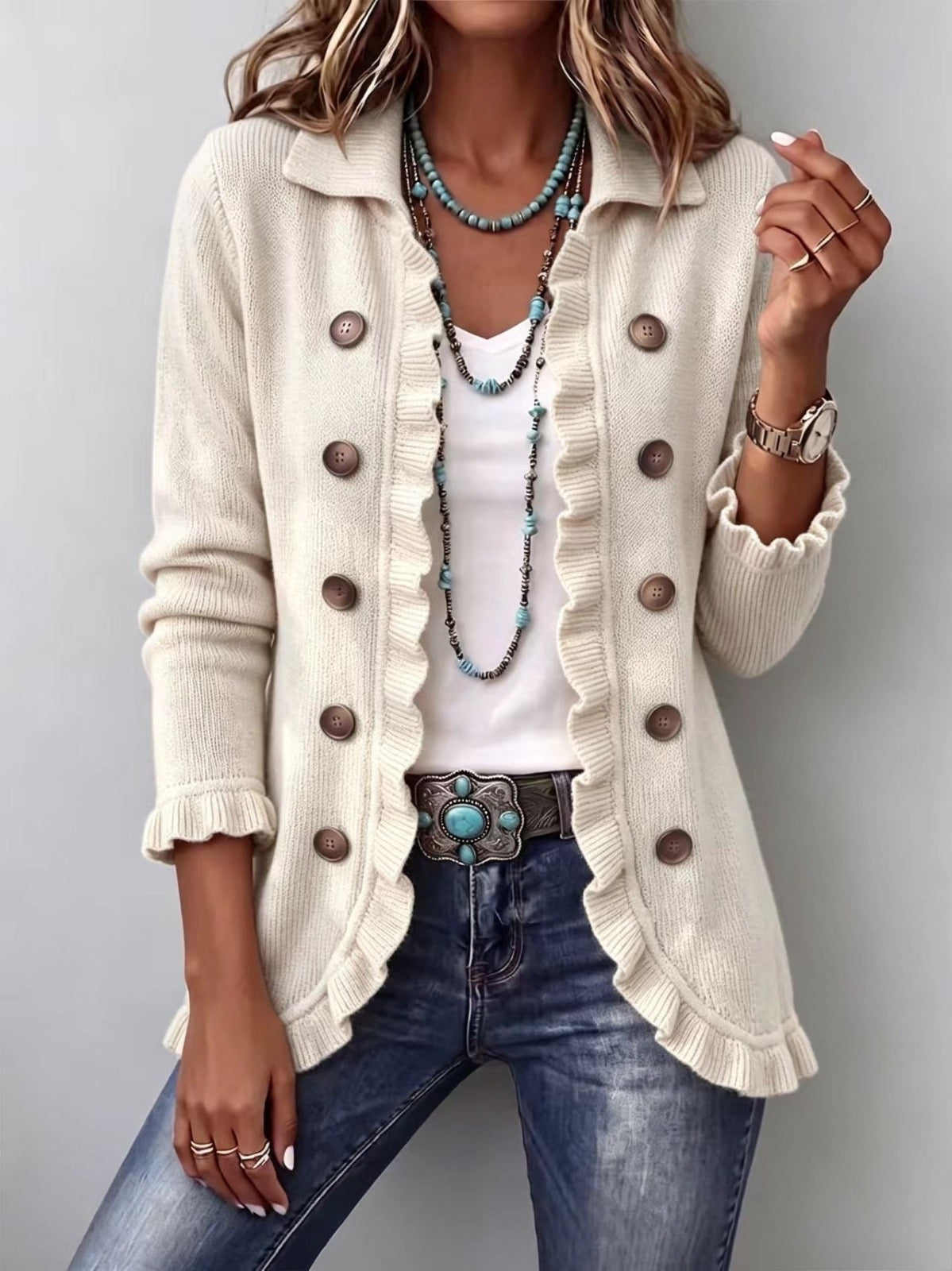 Antonietta | Lightweight Ivory Knit Jacket with Flounce Detail