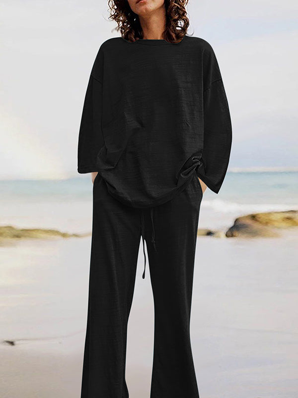 Solid Color Loose Long Sleeve Round Neck Shirt Top + Drawstring Pants Two-Piece Set — Anniversary Edit