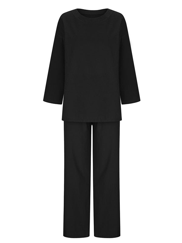 Solid Color Loose Long Sleeve Round Neck Shirt Top + Drawstring Pants Two-Piece Set — Anniversary Edit