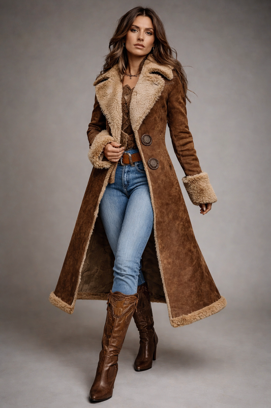 Vintage-Inspired Long Coat with Faux Fur