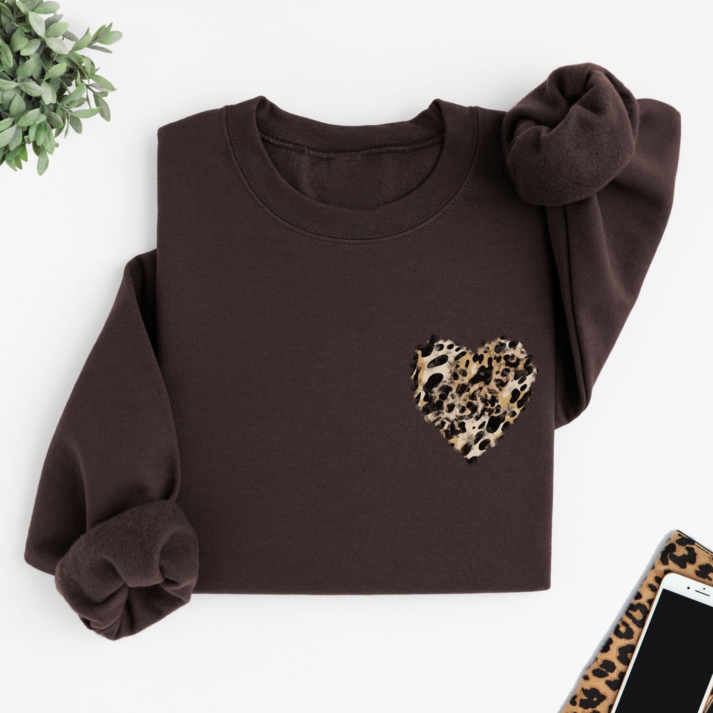 Chocolate Brown Sweatshirt with Leopard Print Heart
