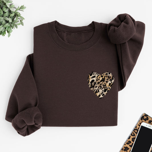 Chocolate Brown Sweatshirt with Leopard Print Heart