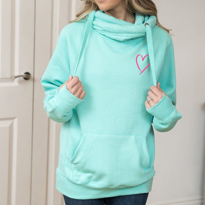 Fuchsia Pink Heart Peppermint Cowl Neck Hoodie