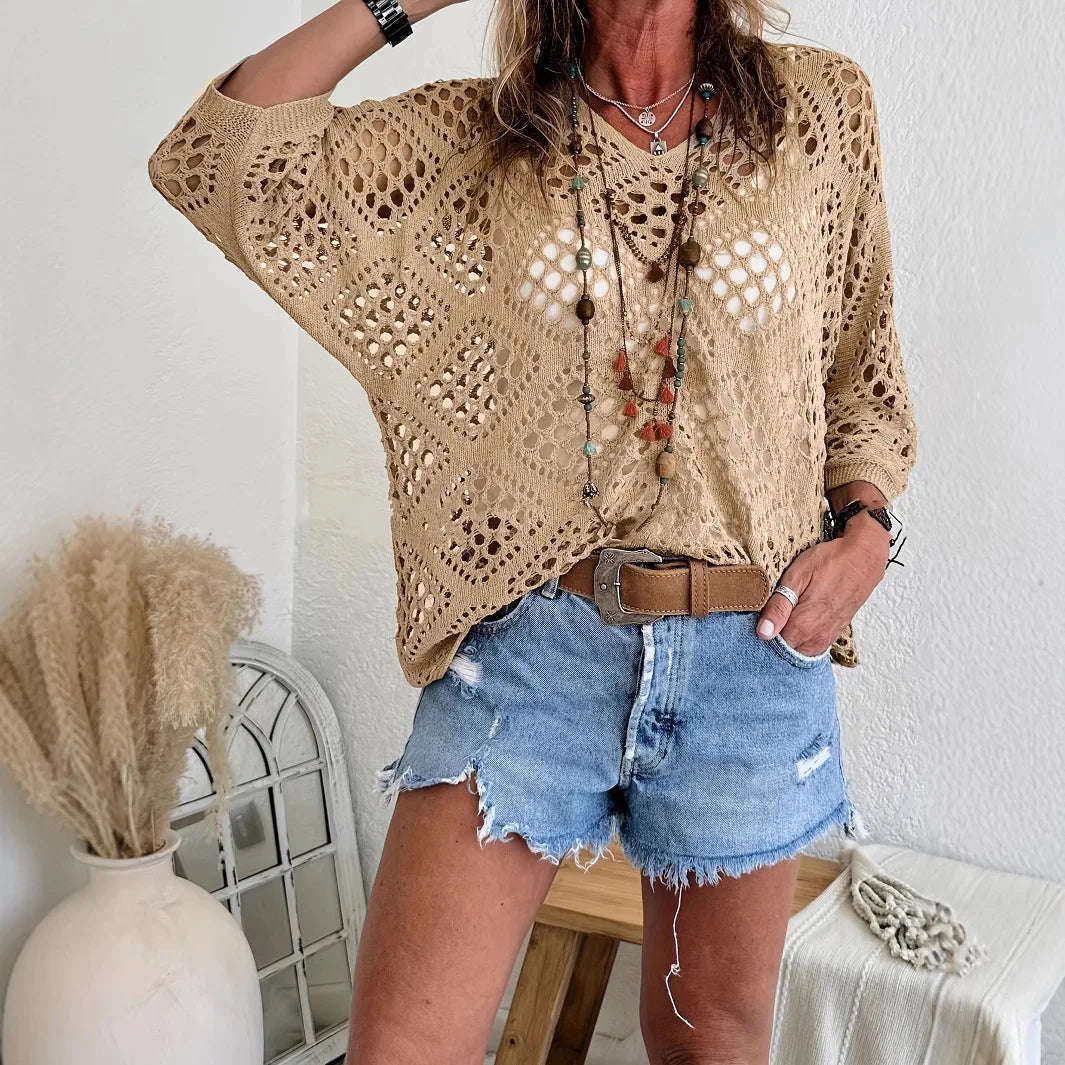 Gia™ | Lightweight V-Neck Open-Knit Sweater