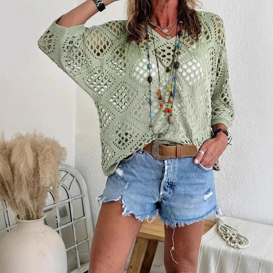 Gia™ | Lightweight V-Neck Open-Knit Sweater