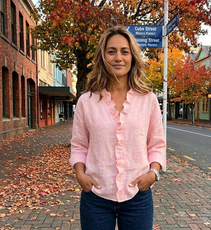 Susan | Blouse with Ruffles, V-Neck and Long Sleeves