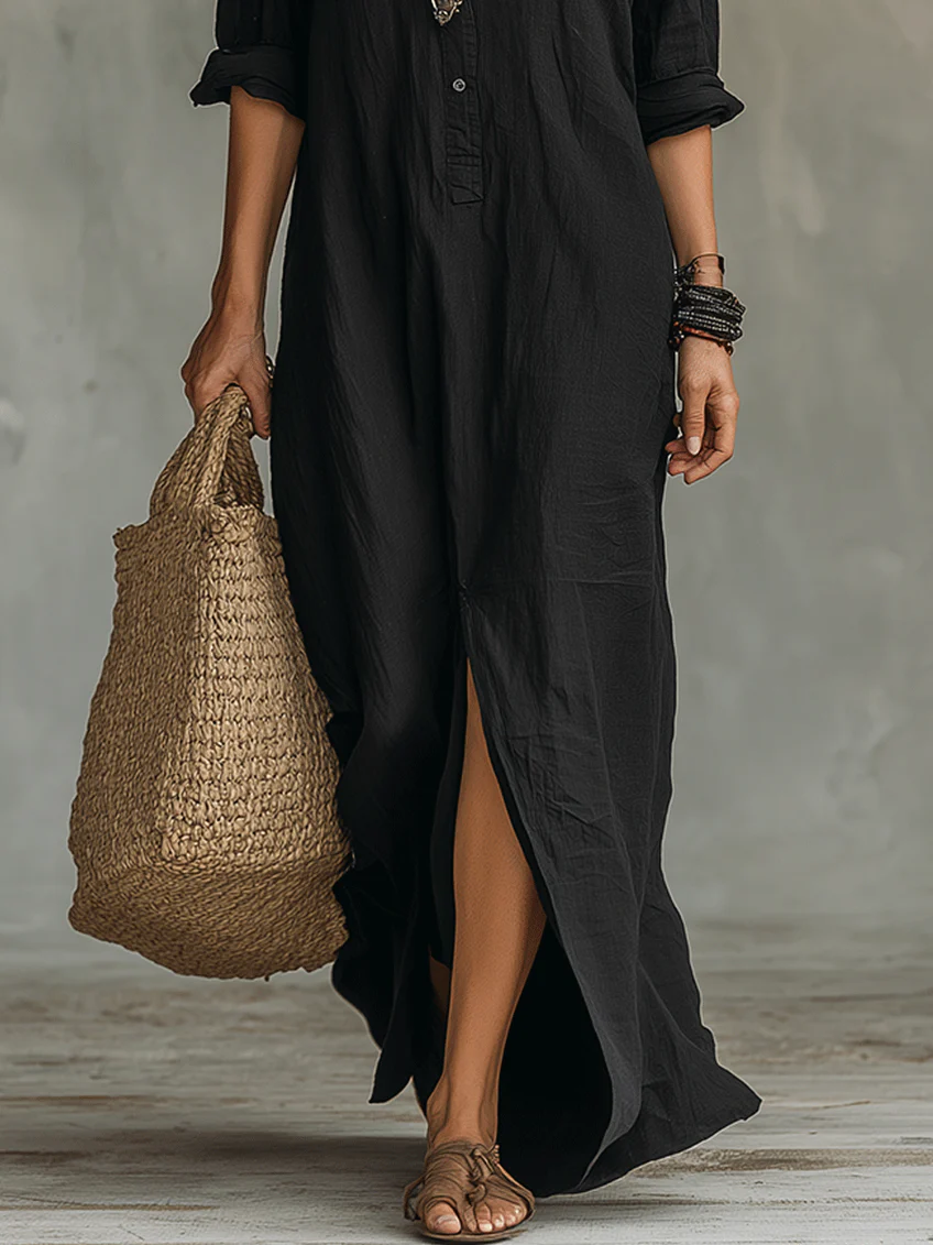 Soline ™ | Black Flowing Button-Down Maxi Dress