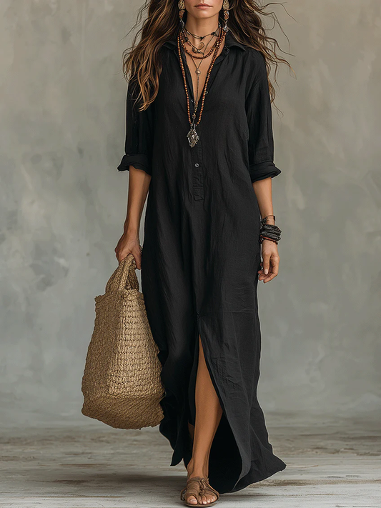 Soline ™ | Black Flowing Button-Down Maxi Dress