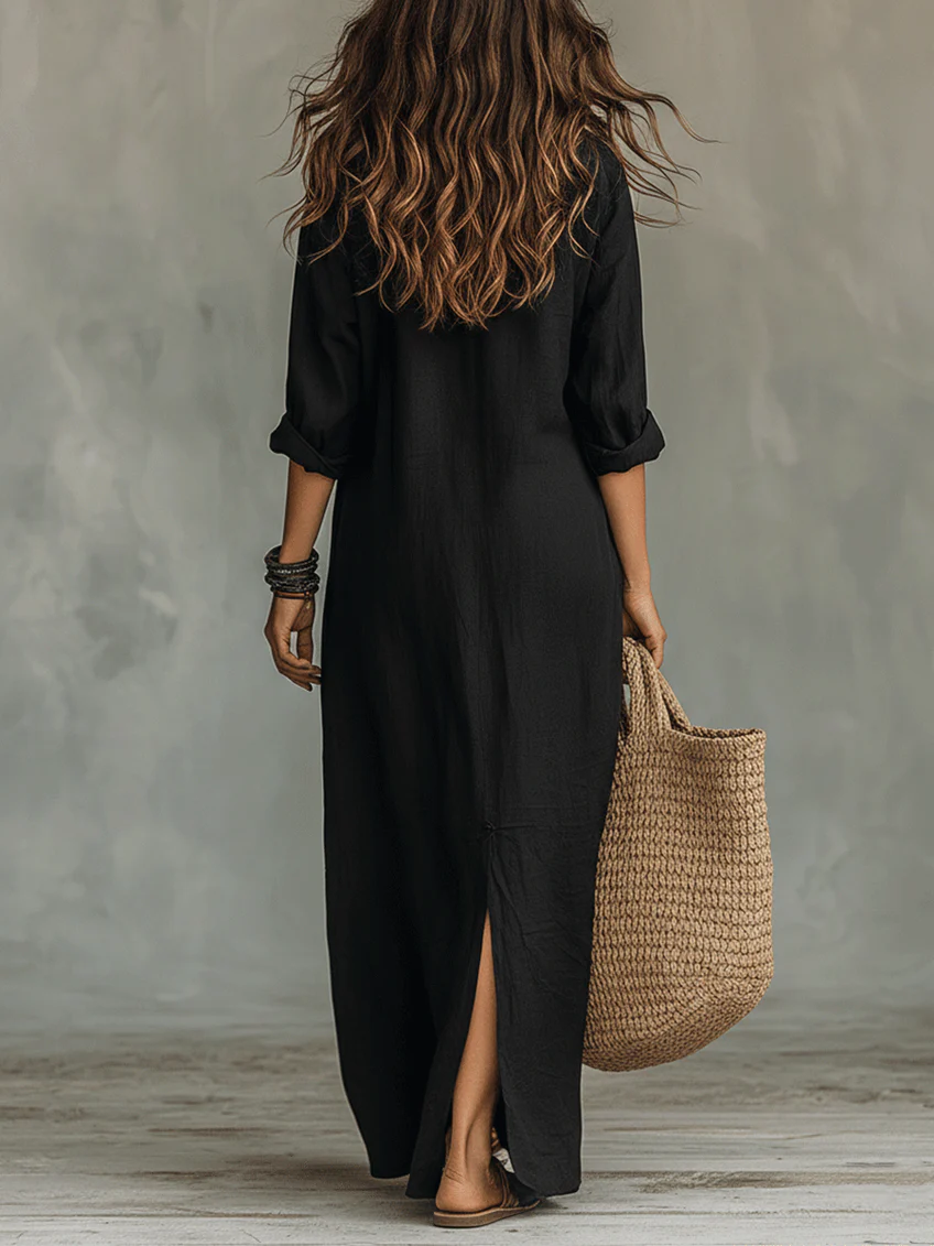 Soline ™ | Black Flowing Button-Down Maxi Dress
