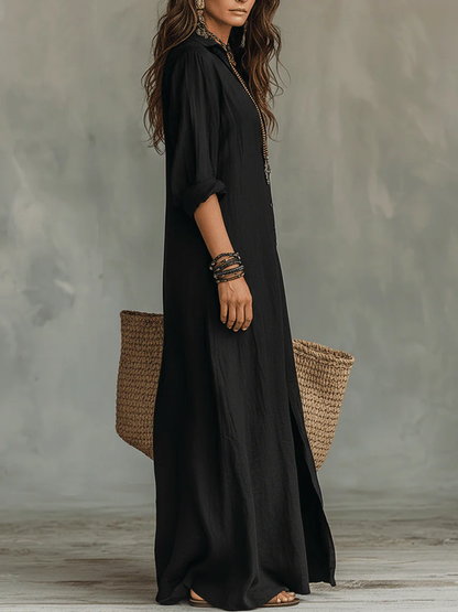Soline ™ | Black Flowing Button-Down Maxi Dress