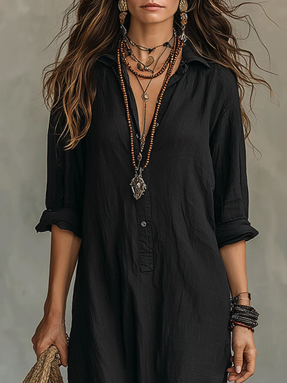 Soline ™ | Black Flowing Button-Down Maxi Dress