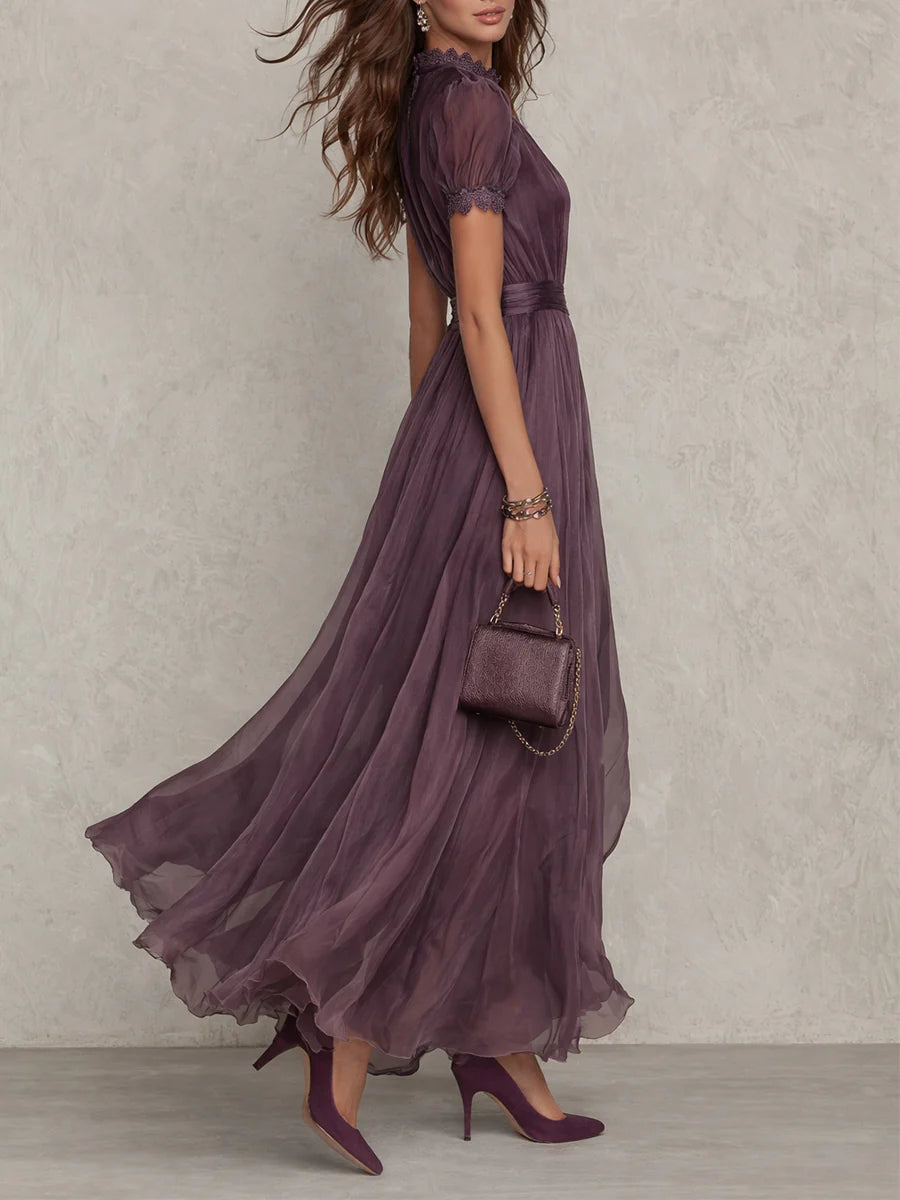 Purple Keyhole Neckline Chiffon Lace Trim Maxi Dress