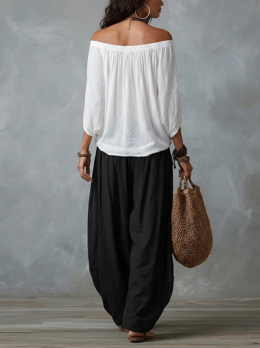 Bianca | Off-the-Shoulder White Set with Lantern Pants