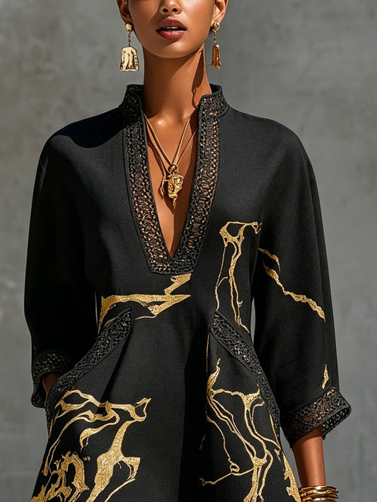 Diana | Black and gold print V-neck mini dress with crochet lace