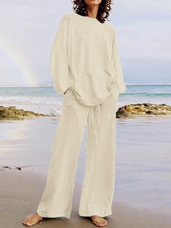 Solid Color Loose Long Sleeve Round Neck Shirt Top + Drawstring Pants Two-Piece Set — Anniversary Edit