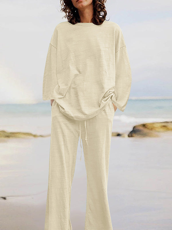 Solid Color Loose Long Sleeve Round Neck Shirt Top + Drawstring Pants Two-Piece Set — Anniversary Edit