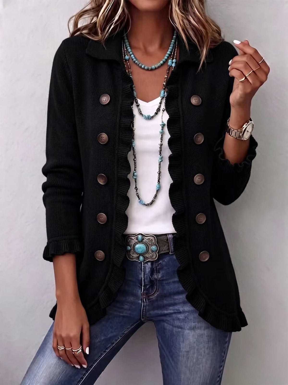Elvira | Black Knit Ruffle Jacket