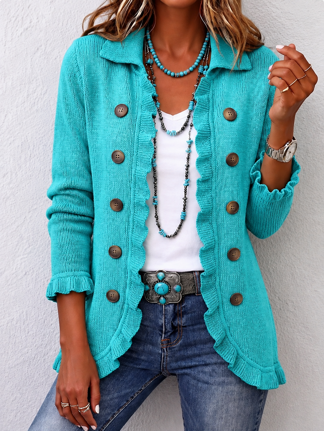 Rosalia | Turquoise Knit Ruffle Jacket