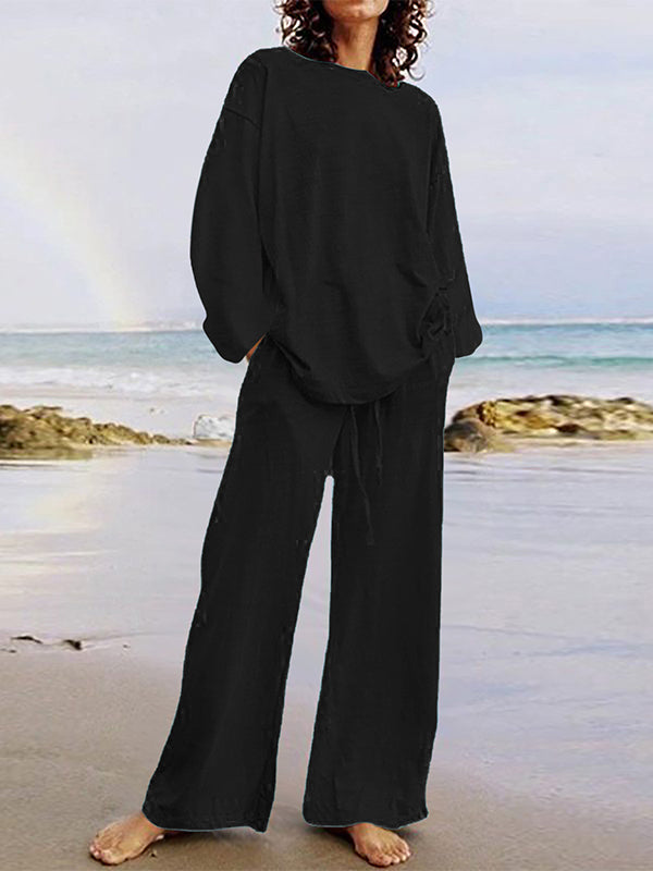 Solid Color Loose Long Sleeve Round Neck Shirt Top + Drawstring Pants Two-Piece Set — Anniversary Edit