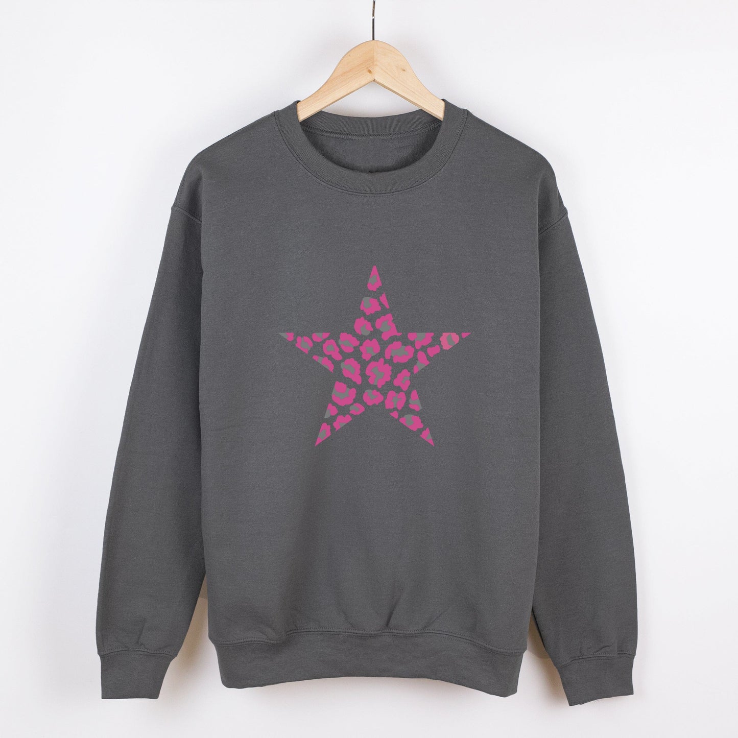 Charcoal Sweatshirt with Bright Pink Leopard Star