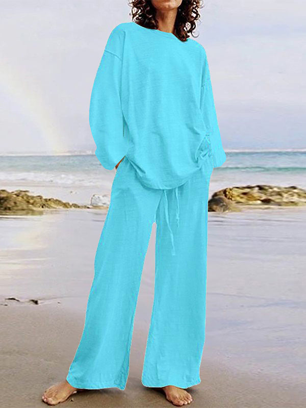 Solid Color Loose Long Sleeve Round Neck Shirt Top + Drawstring Pants Two-Piece Set — Anniversary Edit