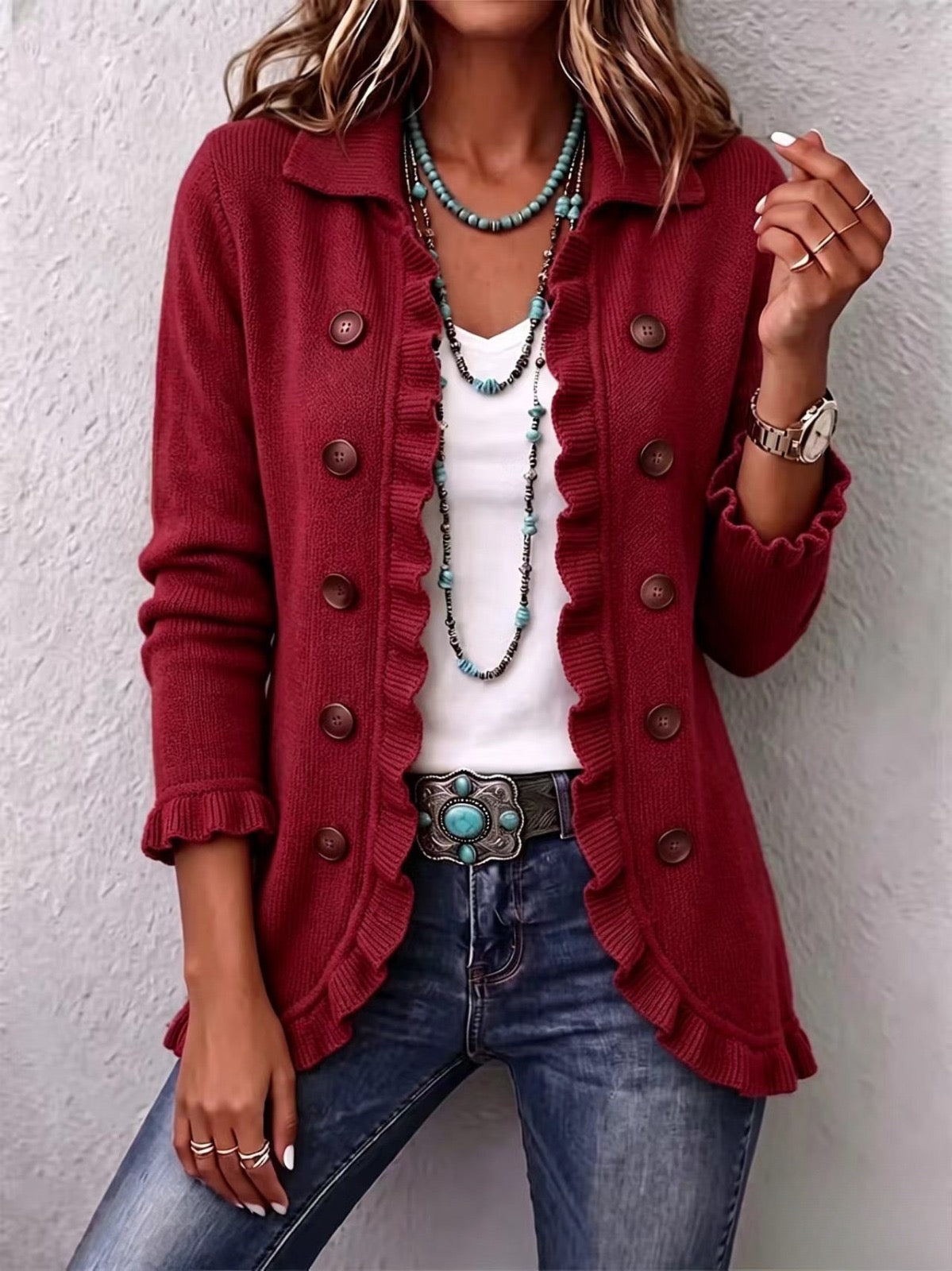 Graziella | Ruby Red Knit Ruffle Jacket for Sophisticated Layering