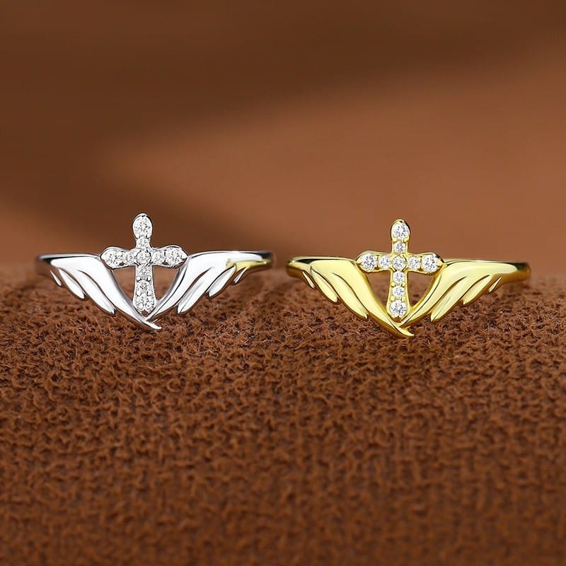 The Guardian Ring — Angel Wings and Cross with Crystal Detail (Adjustable)