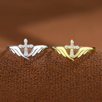 The Guardian Ring — Angel Wings and Cross with Crystal Detail (Adjustable)