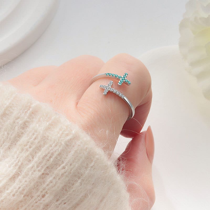 The Serenity Ring — Blue Cross with Crystal Detail (Adjustable)